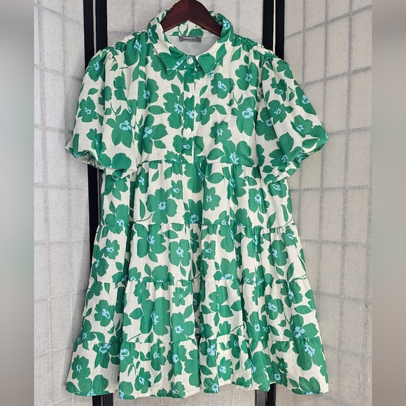 Blueb. Collection Boho Green Floral Mini Dress Size Large - Picture 1 of 10